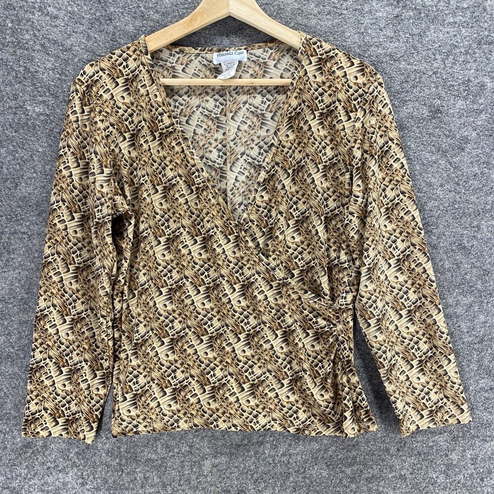 Amanda Lane Blouse Women 12 Brown Animal Print V-Neck Long Sleeve Casual Top